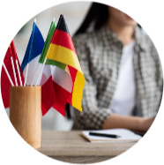 photo of person sitting at a desk with a range of international flags in the foreground